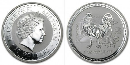 398 EUR  10 Dolares 2005 Gallo  plata 999  311 gr  RARA